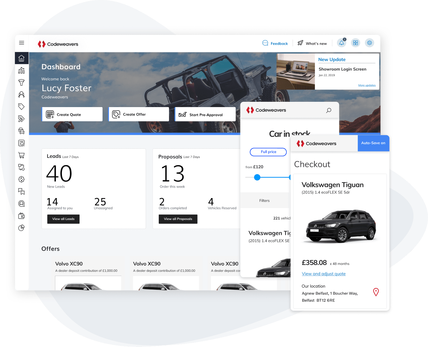 An image of the showroom dashboard with a mobile screen of a car in checkout