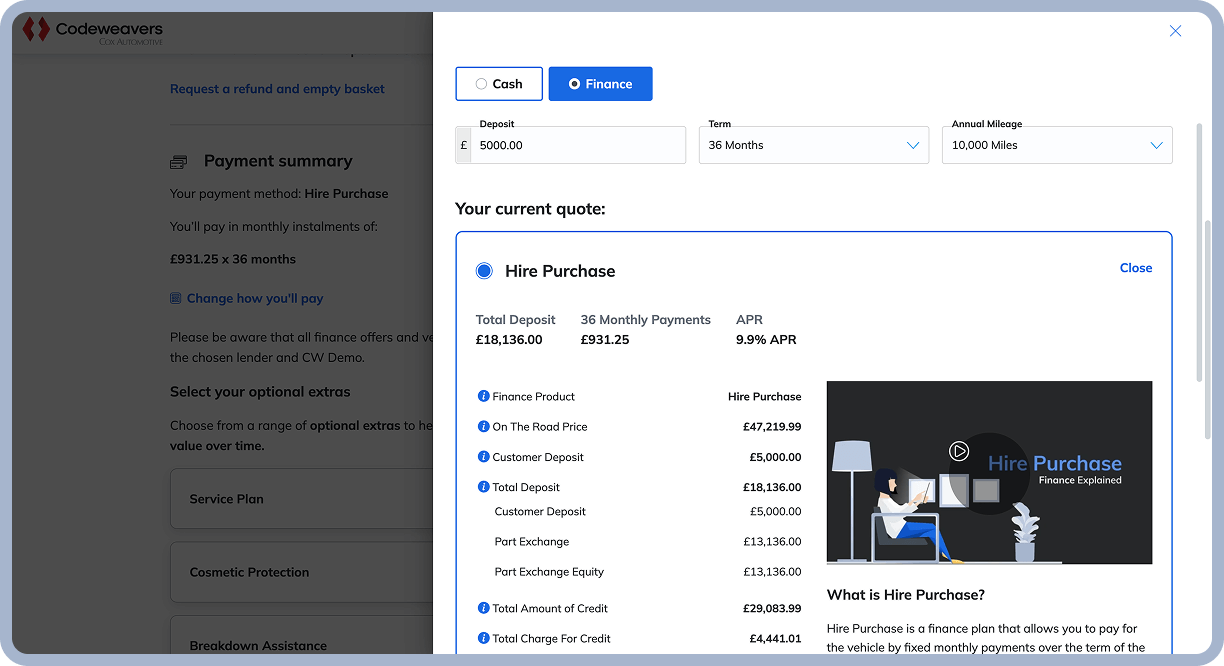 A slide-out interface showing Codeweavers' finance calculator, with fields to input a deposit amount, term, and annual mileage. Below, a quote for a Hire Purchase finance product is expanded, showing a full breakdown of the quote and an explainer video.